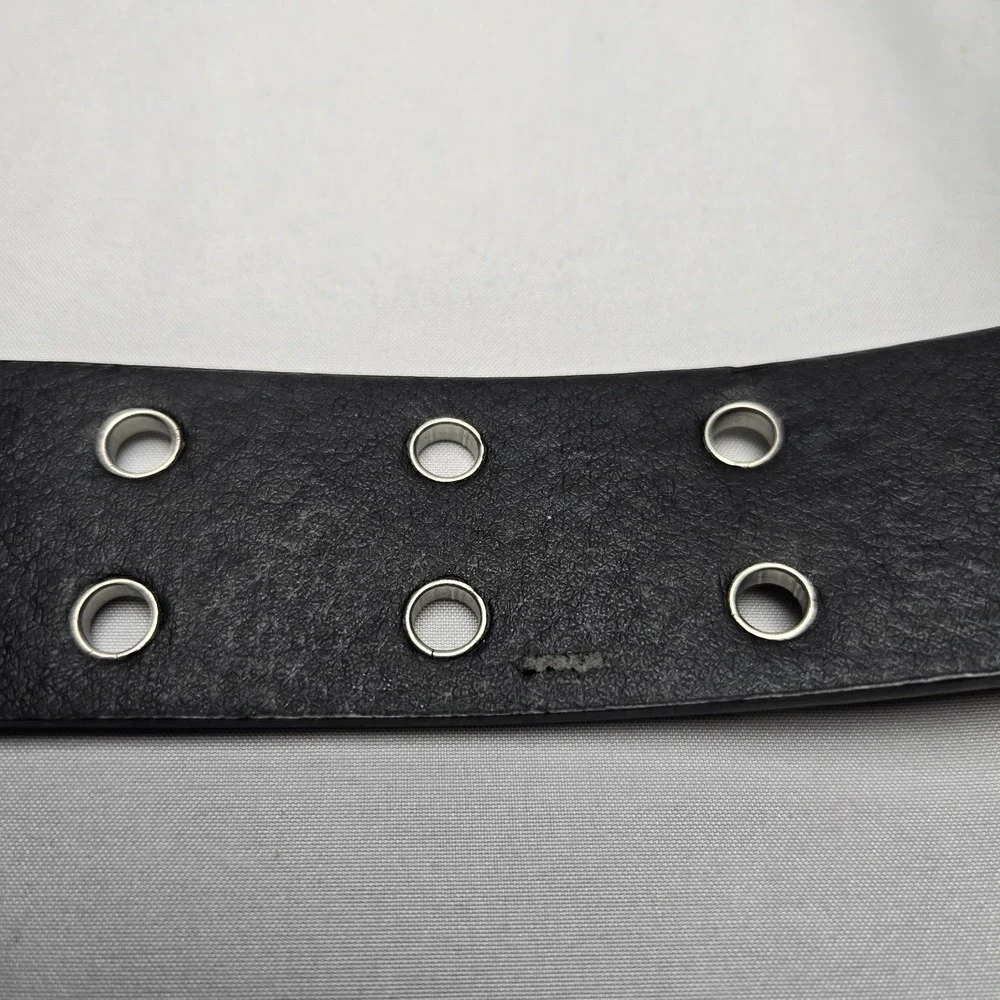 Black Leather Belt Womens M Double Prong Grommets Silvertone Buckle Goth Punk
